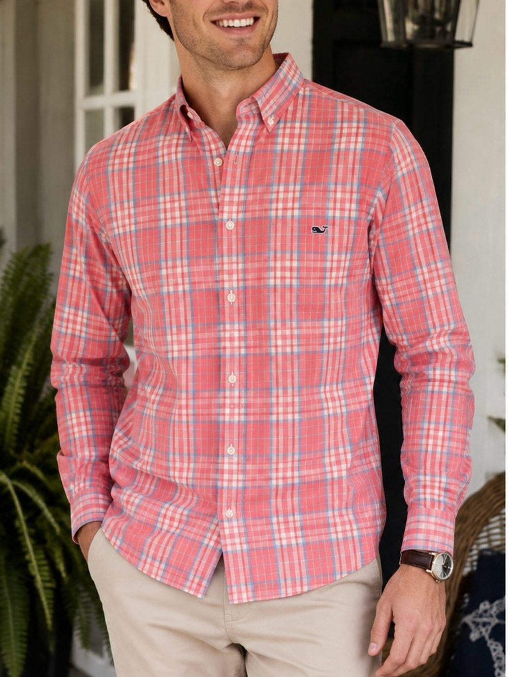 Vineyard Vines Mens M Slim Fit Plaid Whale Button Down Shirt Coral Blue